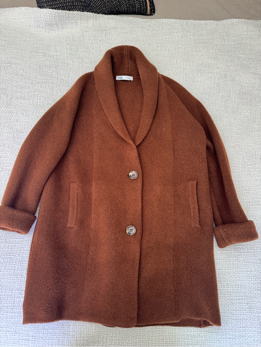 Zara Rust Brown Shawl Collar Wool-Blend Sweater Coat